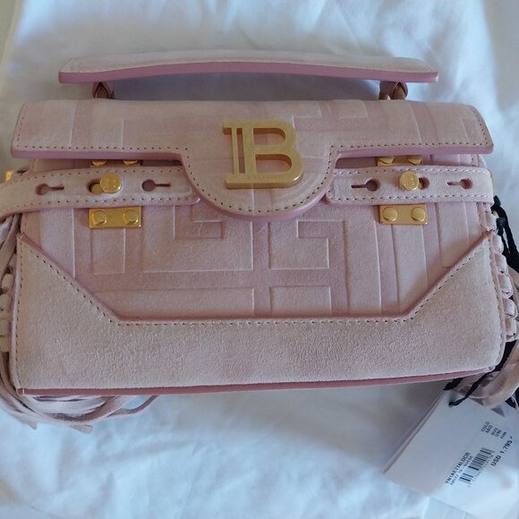 Balmain B-Buzz 19 Fringed Suede Monogram Crossbody Bag Faded Rose - Picture 13 of 15